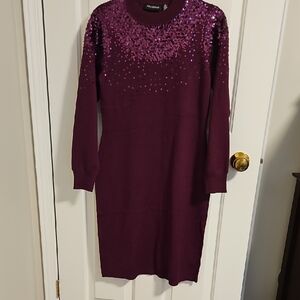 Nina Leonard Long Sleeve Knit Dress with Sparkling Purple Sequin Accents NWOT